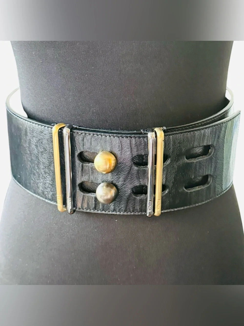Fendi Black Wide Leather Belt With Two Tone Hardware Sz 80cm/32in (Small/Medium)